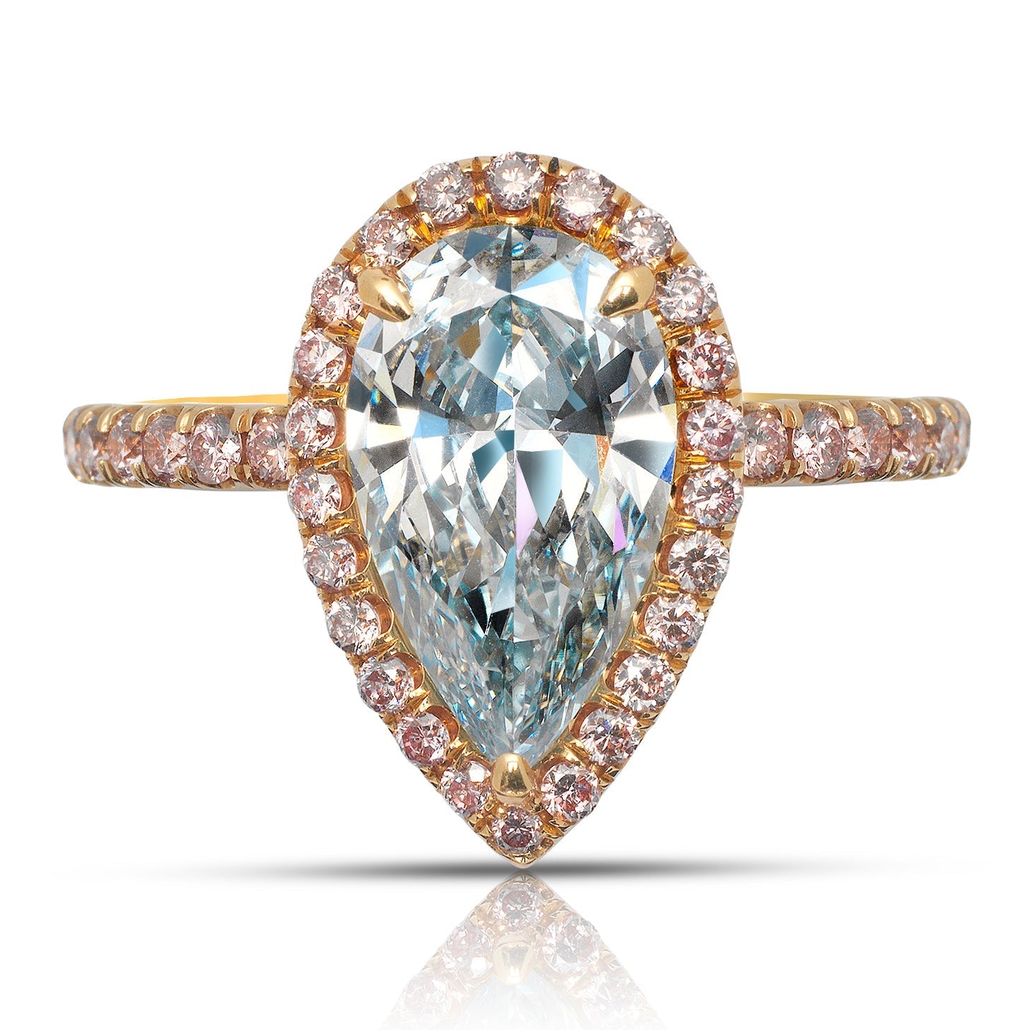 Green Blue Diamond Ring Pear Shape Cut 3 Carat Ring with Pink Diamond Halo  in 18K Rose Gold Front View