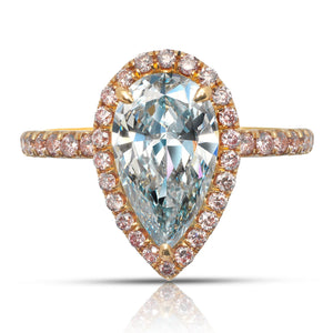 Green Blue Diamond Ring Pear Shape Cut 3 Carat Ring with Pink Diamond Halo  in 18K Rose Gold Front View