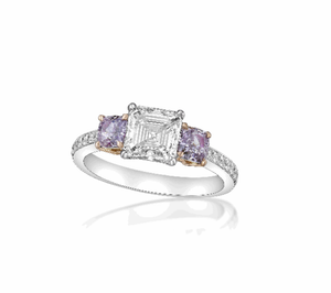 Fancy Purple Pink Diamond Ring Cushion Cut 3 Carat in Three Stone Ring Front View