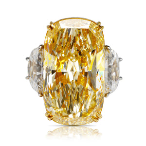 Yellow Diamond Ring Cushion Cut 30 Carat Three Stone Ring in Platinum & 18k Gold Front View