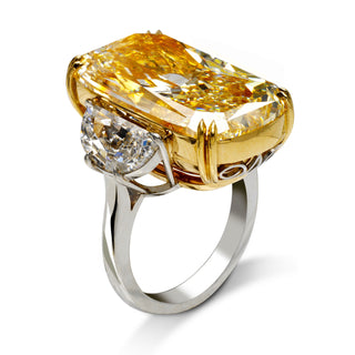 Yellow Diamond Ring Cushion Cut 30 Carat Three Stone Ring in Platinum & 18k Gold Side View