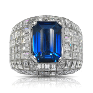 Royal Blue Diamond Men's Ring Emerald Cut 30 Carat Solitaire in 14K  White Gold Front View