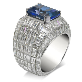 Royal Blue Diamond Men's Ring Emerald Cut 30 Carat Solitaire in 14K  White Gold Side View