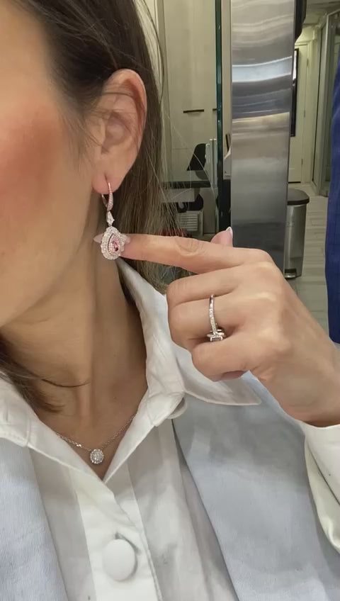 Julie 5 Carat Light and Faint Pink VS1-SI1 Pear Shape Diamond Hanging Earrings in 18k White & Rose Gold Video