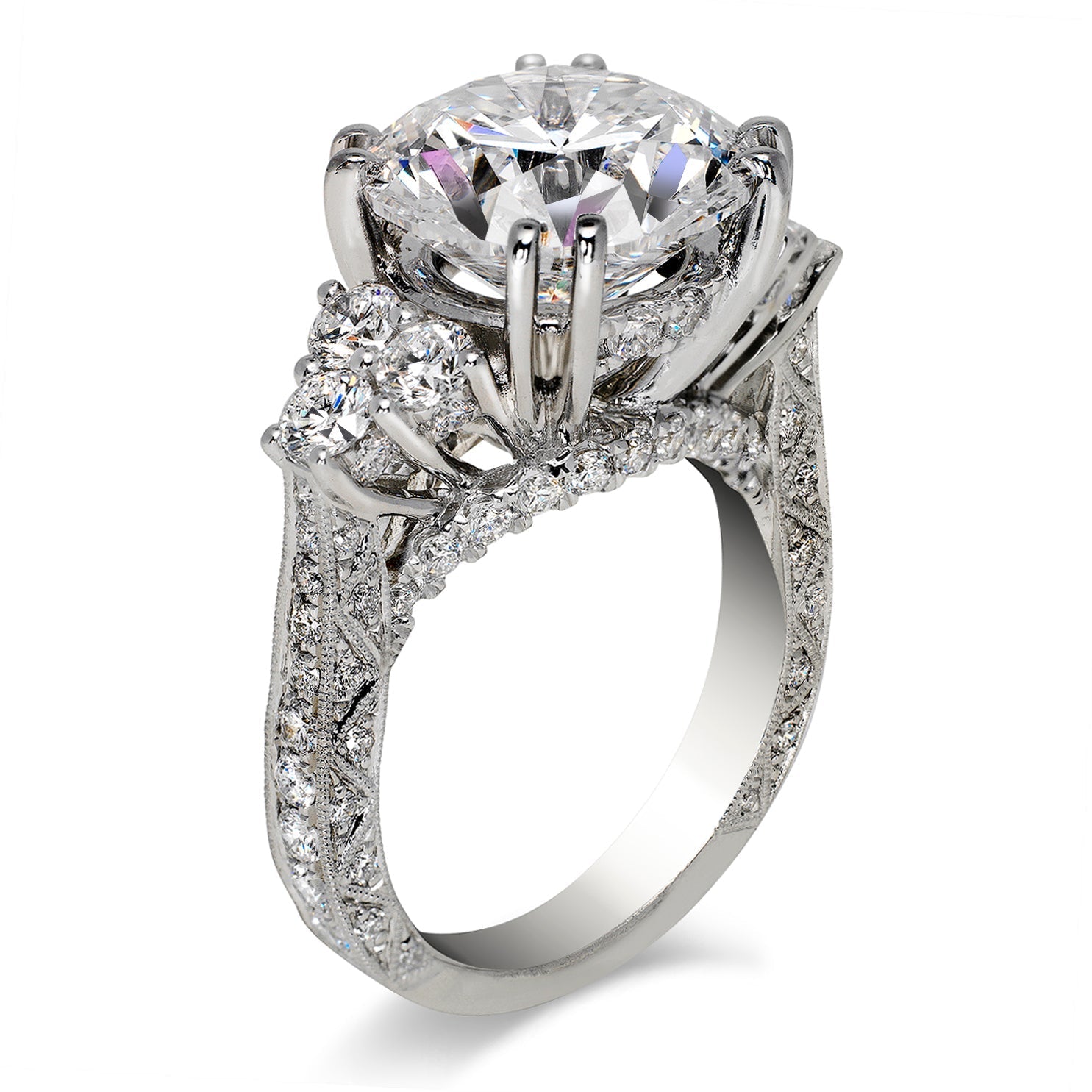 Diamond Ring Round Cut 8 Carat Sidestone Ring in 18K White Gold Side  View