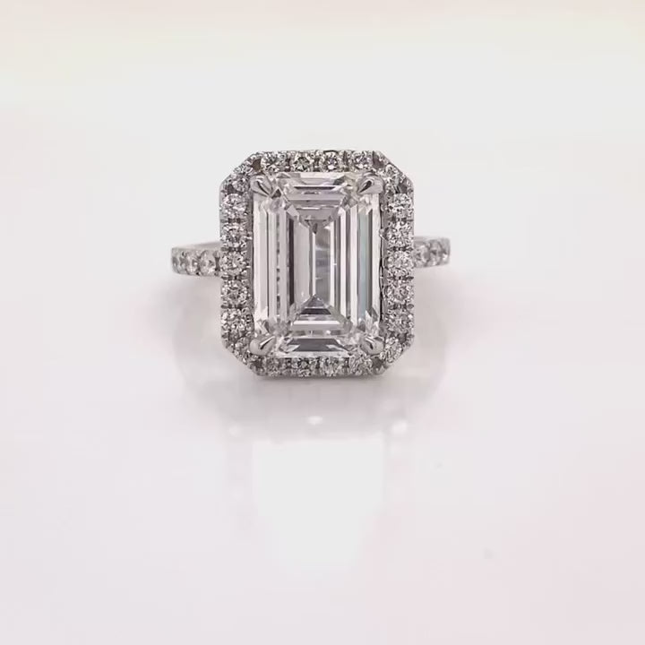 Le 6 Carat Emerald Cut Lab Grown Diamond Engagement Ring Halo in 18k White Gold Video