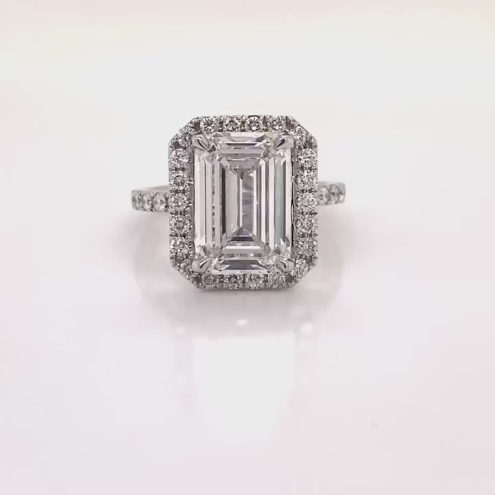 Le 6 Carat Emerald Cut Lab Grown Diamond Engagement Ring Halo in 18k White Gold Video