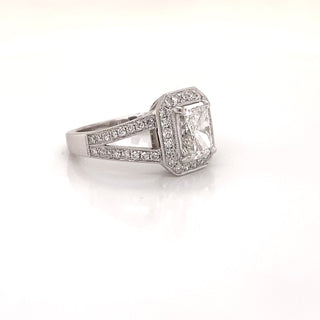 2 Carat Radiant Cut Lab Grown Diamond Engagement Ring. Halo. IGI Certified Side View