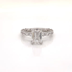 3 Carat Emerald Cut Lab Grown Diamond Engagement Ring.SideStones. IGI Certified Front View
