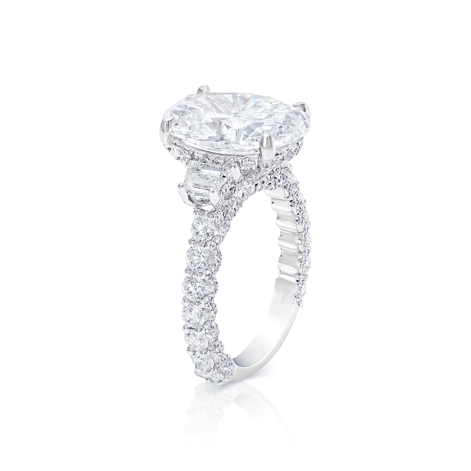 Josie 8 Carat Oval Cut Earth Mined VVS1 Diamond Engagement Ring in 18k White Gold. GIA Side View