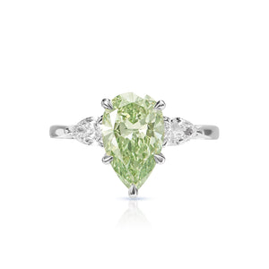 Elliana 2 Carats Pear Shape Earth Mined Fancy Intense Yellow Green Diamond Engagement Ring in Platinum. GIA Front View