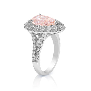 Isabel 5 Carat Earth Mined Pear Shape Fancy Intense Orangey Pink Diamond Engagement Ring 18 Karat White Gold Side View