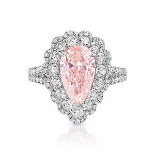 Isabel 5 Carat Earth Mined Pear Shape Fancy Intense Orangey Pink Diamond Engagement Ring 18 Karat White Gold Front View