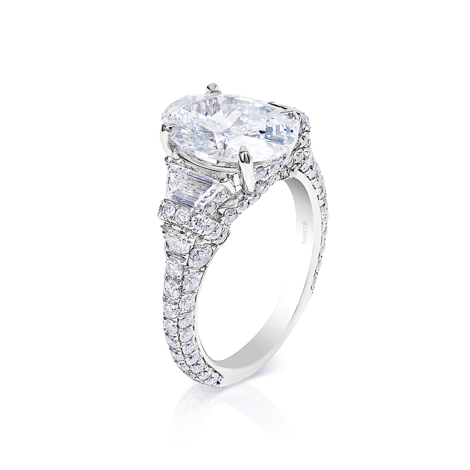 River 5 Carat Oval Cut VVS1 Earth Mined Diamond Engagement Ring in 18 Karat White Gold. GIA Side View