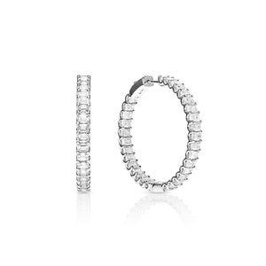 Eliza 10 Carats Emerald Cut Earth Mined Hoops Diamond Earrings in 14 karat White Gold Front and Side View