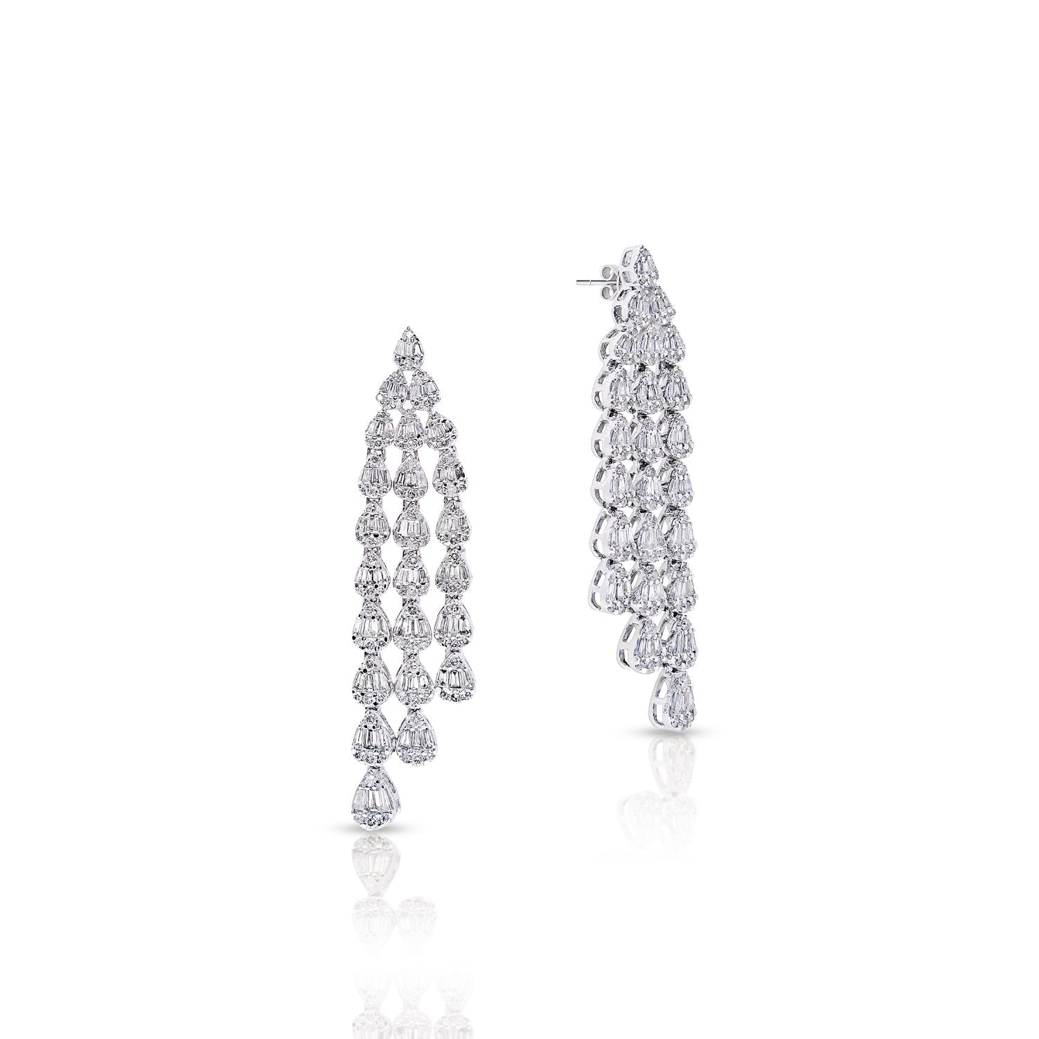 Lyla 3 Carat Baguette and Round Hanging Earth Mined Diamond Earrings in 14 Karat White Gold Front and Side View