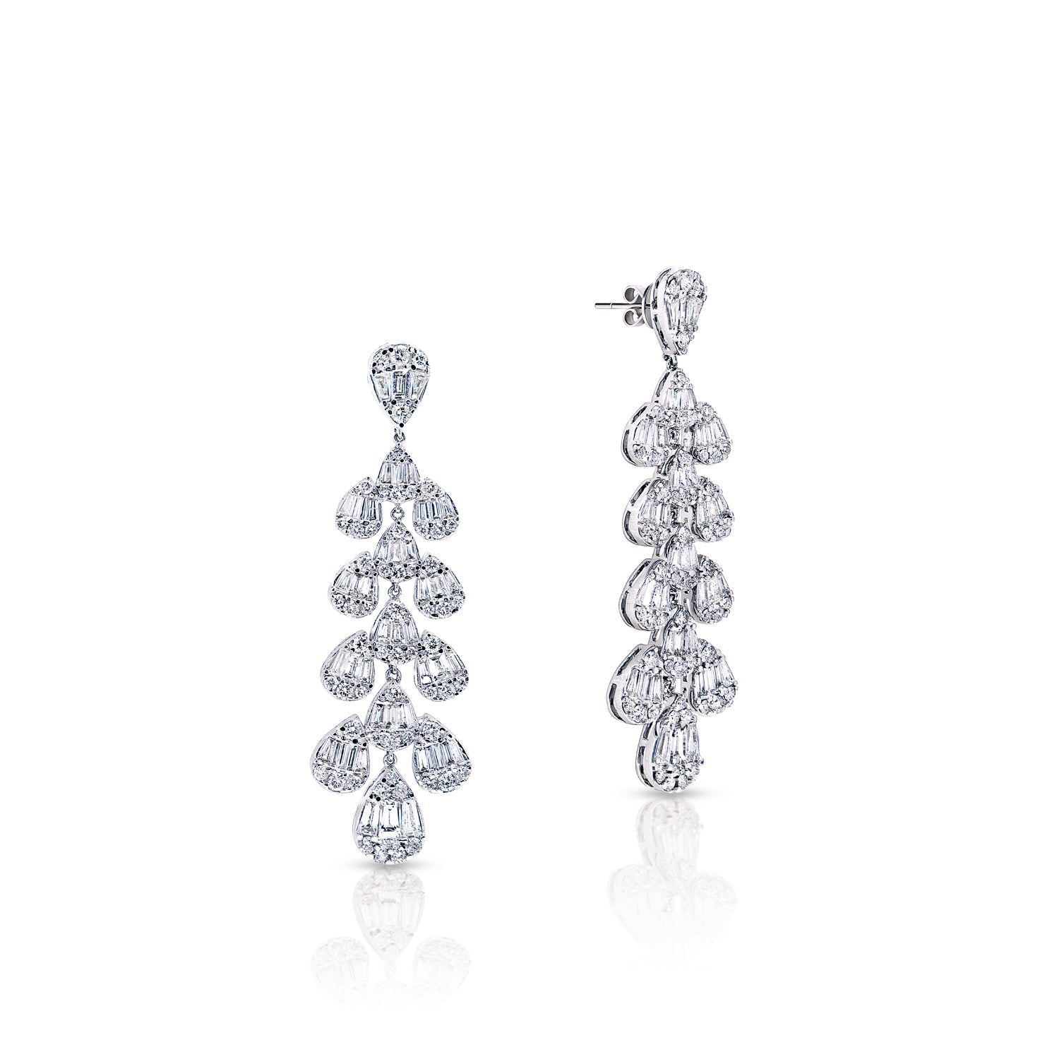 Eloise 6 Carat Baguette and Round Hanging Earth Mined Diamond Earrings in 14 karat White Gold Front and Side View