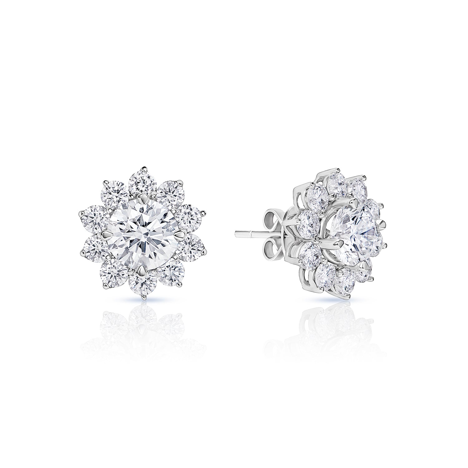 Maria 3 Carat Round Brilliant Lab Grown Diamond Stud Earrings in 18k White Gold Front and Side View