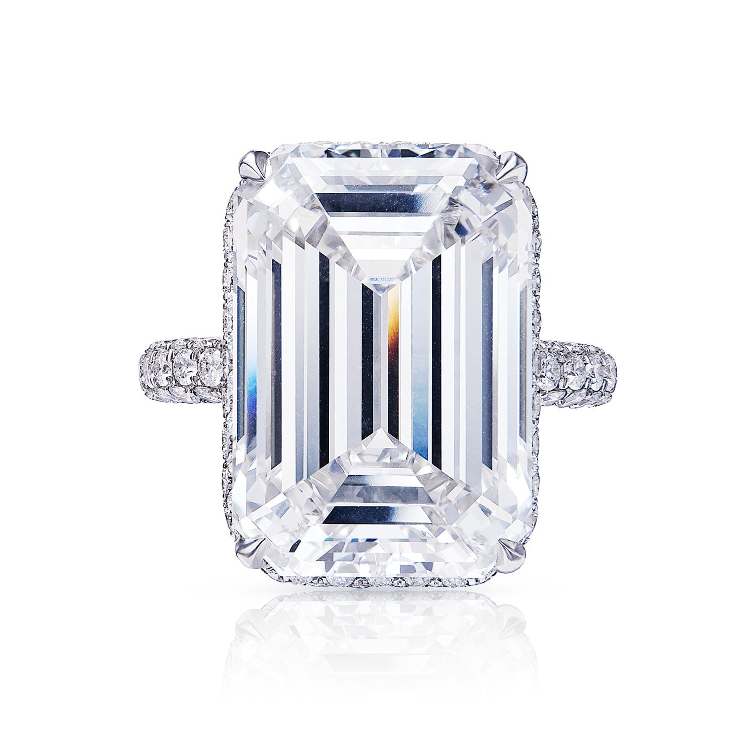 Kylie 23 Carat G VVS1 Earth Mined Emerald Cut Diamond Engagement Ring Sidestone in Platinum. GIA Certified Front View