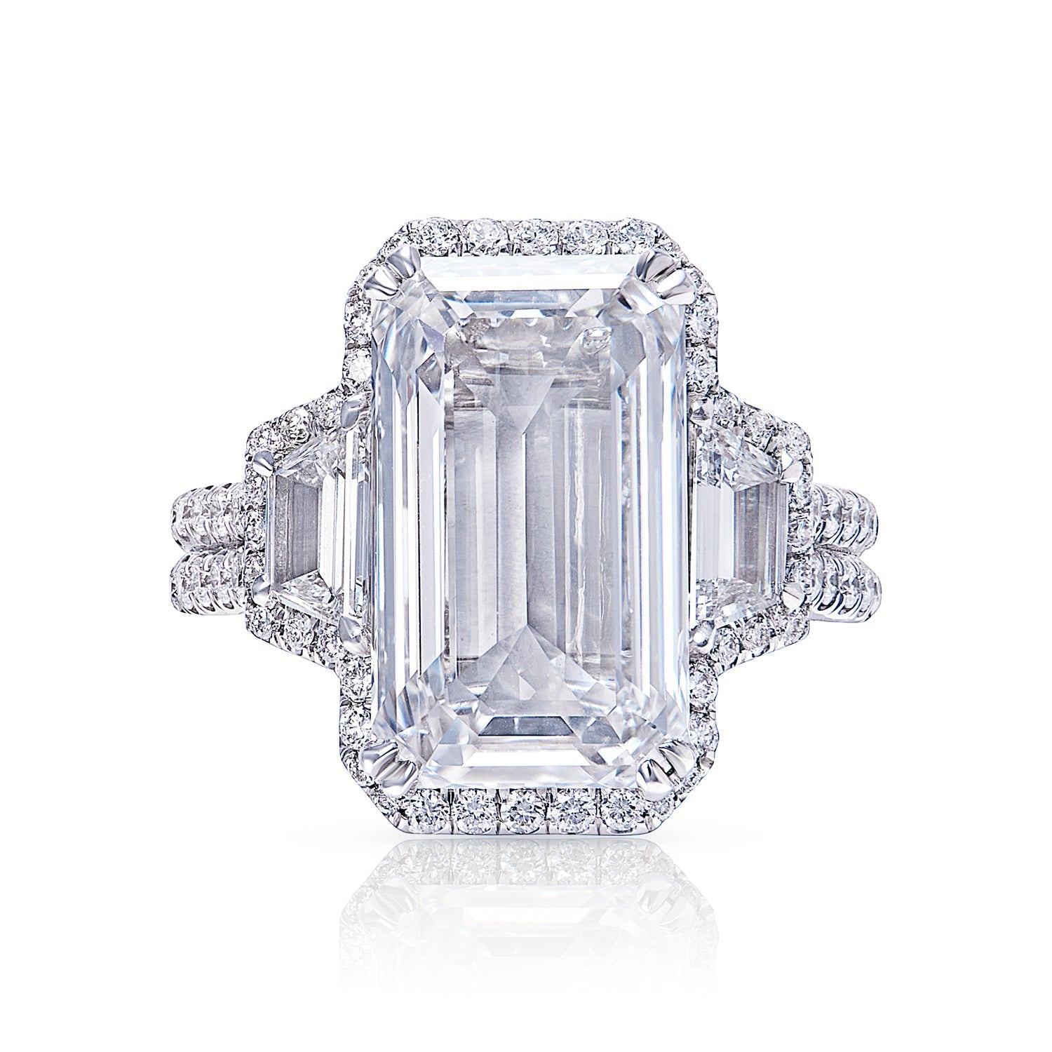 Norah 9 Carat Emerald Cut E VVS1 Diamond Engagement Ring in Platinum. GIA Front View