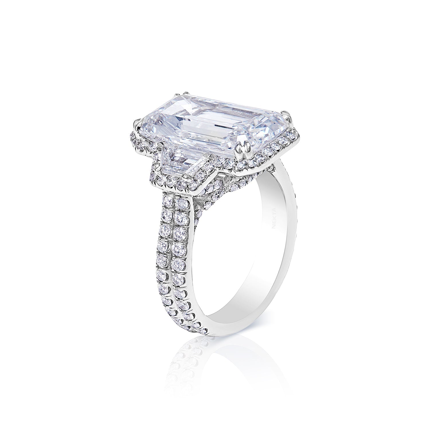Norah 9 Carat Emerald Cut E VVS1 Diamond Engagement Ring in Platinum. GIA Side View