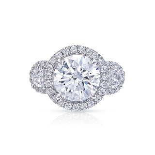Amaya 6 Carat Earth Mined Round Brilliant Diamond Engagement Ring Sidestone in 18kt White Gold. GIA Front View