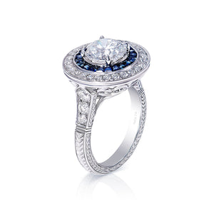 Andrea Vintage Style Round 4 Carat Round Brilliant Earth Mined Diamond Engagement Ring in 18kt White Gold. Halo Side View