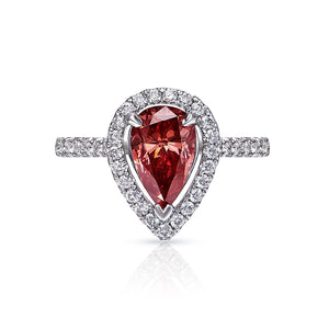 ROUGE P 2 Carat Fancy Red Pear Shape Diamond Engagement Ring in 18kt White Gold with Halo GIA Certificate Front  View