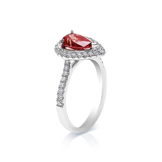 ROUGE P 2 Carat Fancy Red Pear Shape Diamond Engagement Ring in 18kt White Gold with Halo GIA Certificate Side View