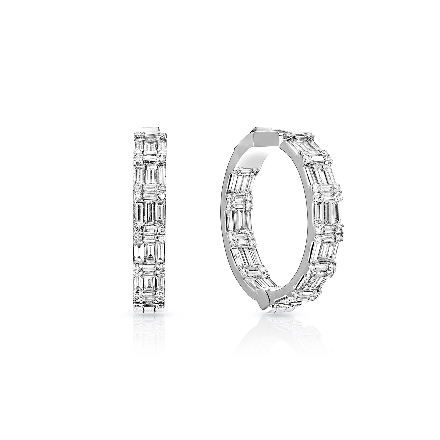 Hailey 5 Carat Combine Mixed Shape Diamond Hoop Earrings for Ladies in 18k White Gold Front and Side View