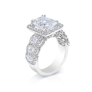 Mylah 7 Carat E IF Emerald Cut Diamond Engagement Ring in 18k White Gold Side View