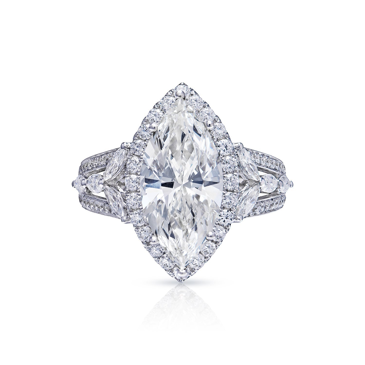Katie 5 Carat J IF Marquise Cut Diamond Engagement Ring in 18 Karat White Gold Front View