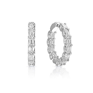 Piper 7 Carat Emerald Cut Diamond Hoop Earrings in 14K White Gold Front View and Side Veiw