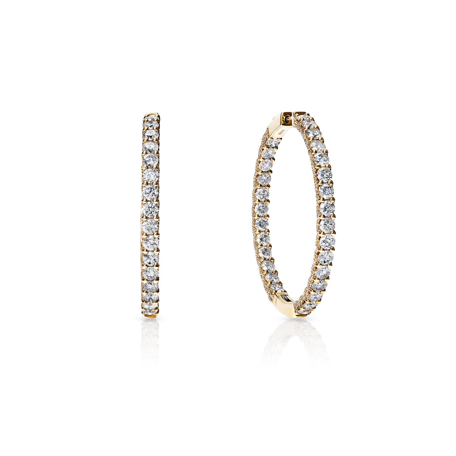 Avery 11 Carat Round Brilliant Diamond Hoop Earrings in 14 Karat Yellow Gold Front and Side View