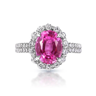 Ariya 5 Carat Oval Cut Pink Sapphire Ring in 14 Karat White Gold Front View