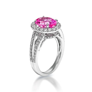 Emberly 4 Carat Oval Cut Pink Sapphire Ring in 18 Karat White Gold Side View