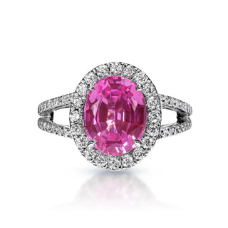 Emberly 4 Carat Oval Cut Pink Sapphire Ring in 18 Karat White Gold Front View