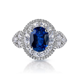 Tessa 4 Carat Oval Cut Blue Sapphire Ring in 18 Karat White Gold Front View