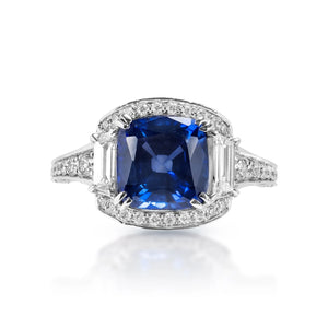 Daphne 4 Carat Vintage Inspired with Step Cut Blue Sapphire Ring in 18K White Gold Font View