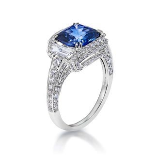 Daphne 4 Carat Vintage Inspired with Step Cut Blue Sapphire Ring in 18K White Gold Side View