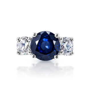 Adaline 8 Carat Round Brilliant Blue Sapphire Ring in 18 Karat White Gold Front View
