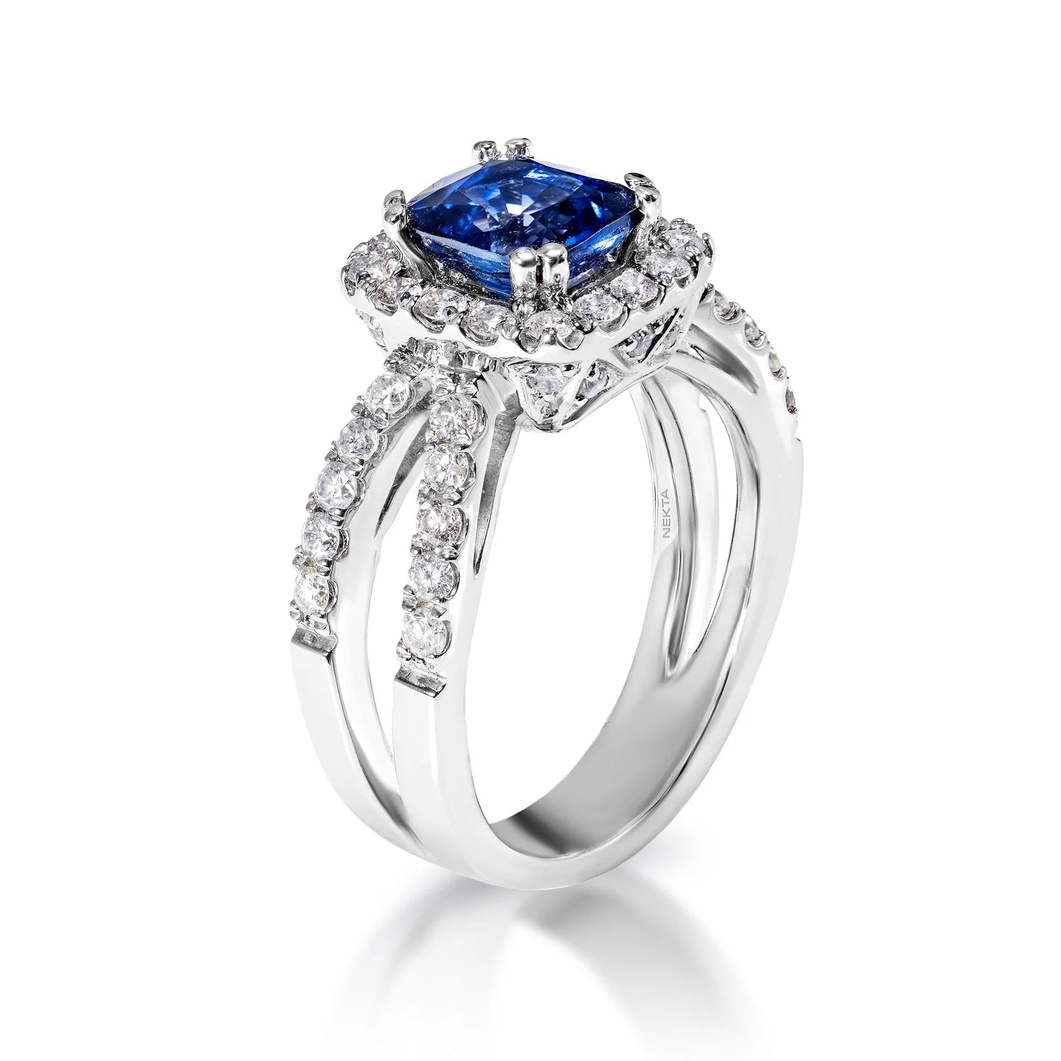 Hayden 3 Carat Cushion Cut Blue Sapphire Ring in 14 Karat White Gold Side View