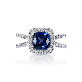 Hayden 3 Carat Cushion Cut Blue Sapphire Ring in 14 Karat White Gold Front View
