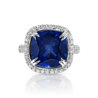 Joanna 9 Carat Cushion Cut Blue Sapphire Ring in 18 Karat White Gold Front View