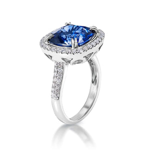 Joanna 9 Carat Cushion Cut Blue Sapphire Ring in 18 Karat White Gold Side View