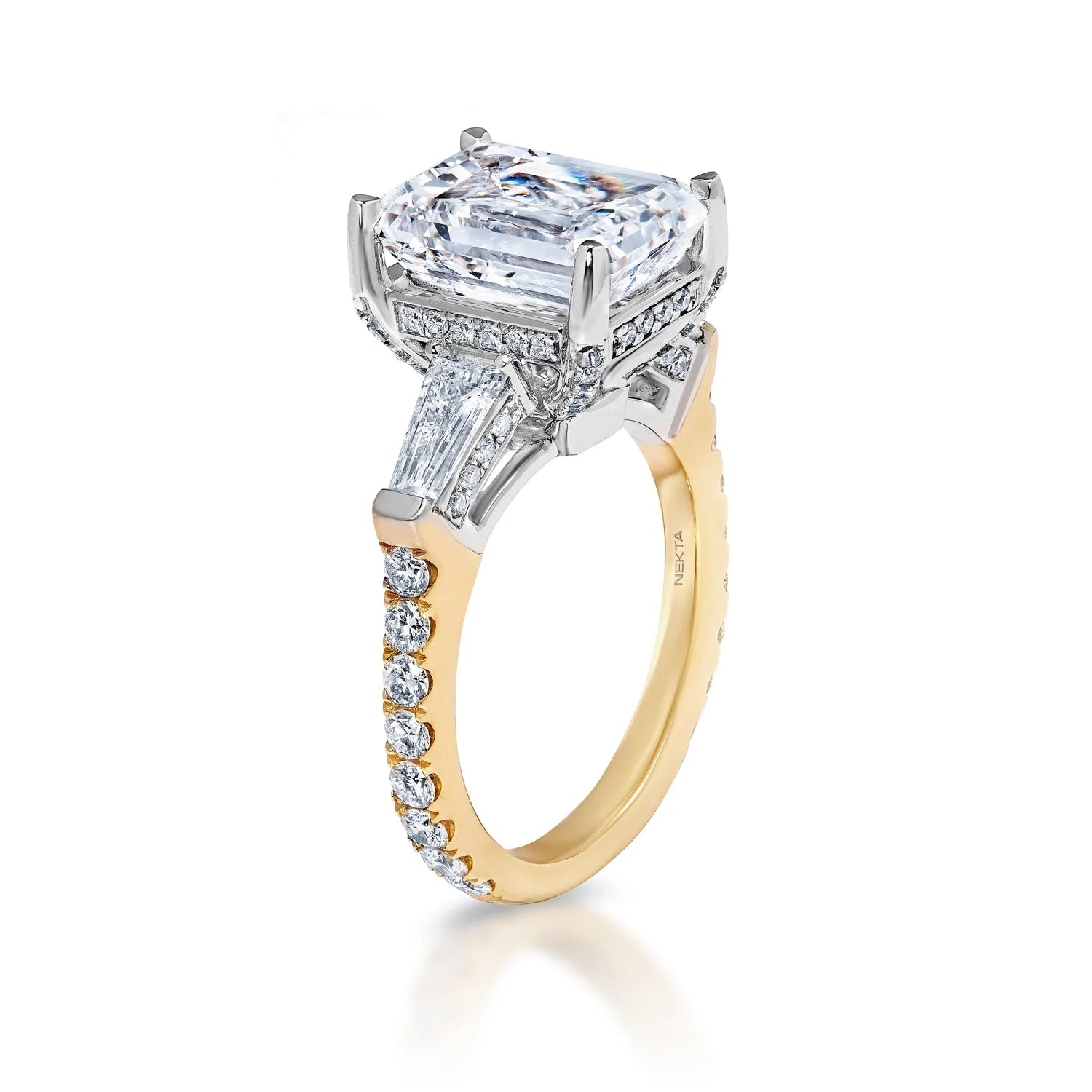 Leylani 7 Carat E VVS2 Emerald Cut Lab Grown Diamond Engagement Ring in 18k White & Yellow Gold Side View