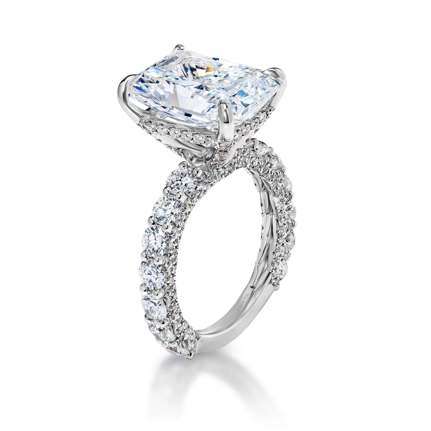 Laine 10 Carat F VS2 Radiant Cut Lab Grown Diamond Engagement Ring in Platinum Side View