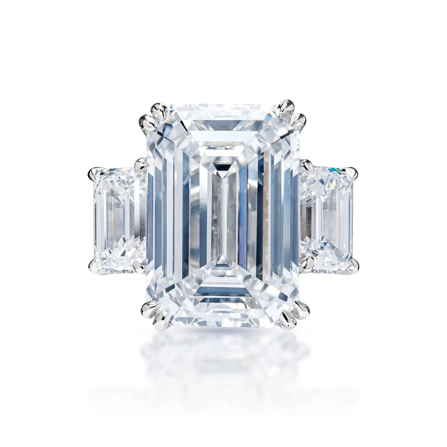 Lianna 25 Carat F VVS2 Emerald Cut Lab Grown Diamond Engagement Ring Three Stone in Platinum Front View