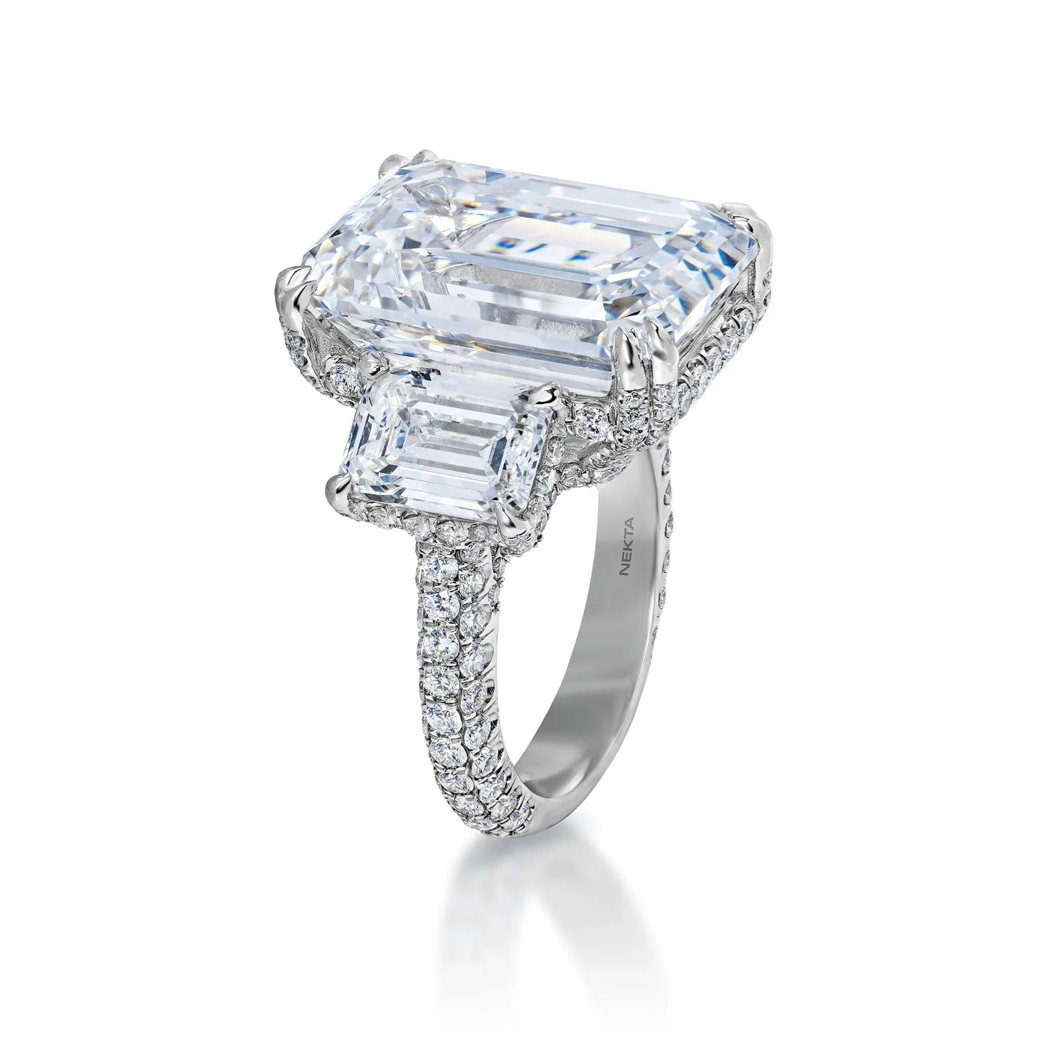 Lianna 25 Carat F VVS2 Emerald Cut Lab Grown Diamond Engagement Ring Three Stone in Platinum Side View