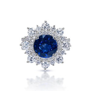 Evie 7 Carats Round Brilliant Blue Sapphire Ring in 18k White Gold Front View